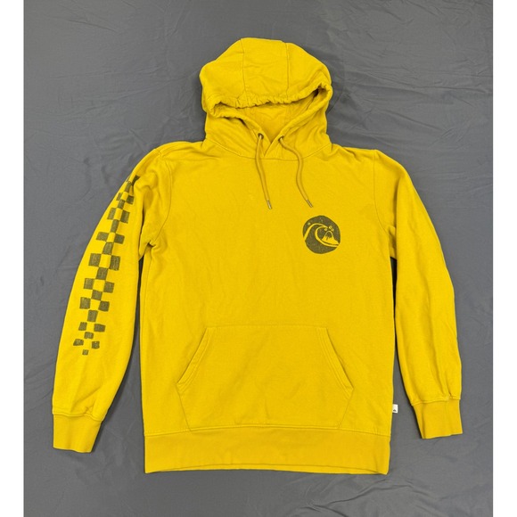 Quiksilver Other - Quiksilver Mens Mustard Yellow Graphic Hoodie Checkerboard Sleeve Size Medium